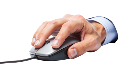 Close up of a hand using a computer mouse with a transparent background for design projects related to technology.