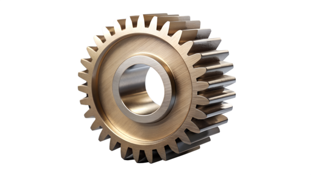 Shiny cogwheel against dark backdrop displays mechanical precision and golden hues, ideal for illustrating engineering or industrial concepts.