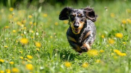 Dachshund joyfully running through a sunny field of dandelions on a warm spring day