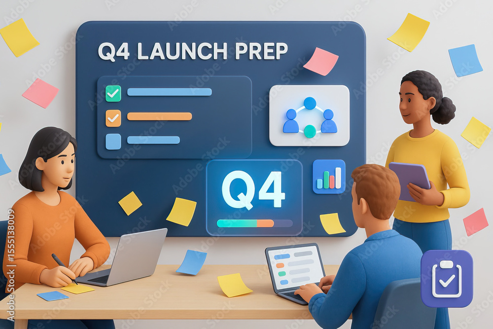Poster quarter4 marketing plan concept with diverse team preparing for launch using laptop and tablet in mo