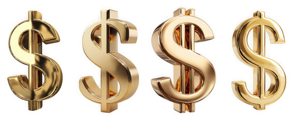 Four golden dollar signs are isolated on transparent background, showcasing different 3d renderings and perspectives