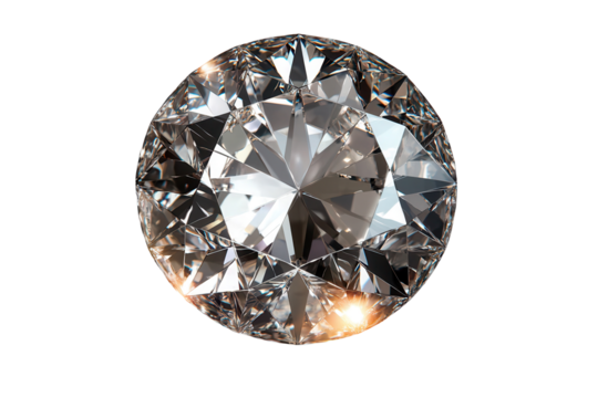 Polished diamond viewed from above with brilliant facets and clarity showcased against a transparent background