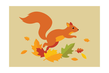 Obraz premium Leaping Squirrel Amidst Autumn Leaves A Delightful Fall Illustration