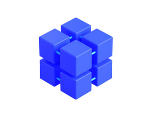 Big data , storage, blockchain icon. 3d cubes floating and connecting into big cube shape. 3d render illustration. PNG.
