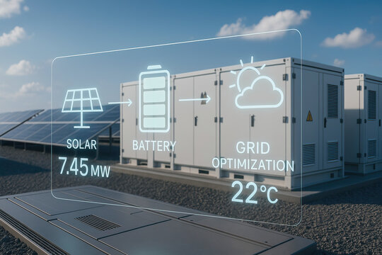 Solar battery grid optimization system with renewable energy technology promoting environmental sustainability and efficient power management in clear blue sky setting