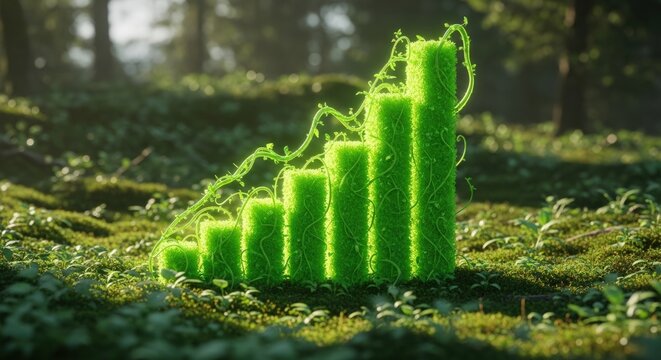 Green bar graph covered in vines in a forest setting representing growth