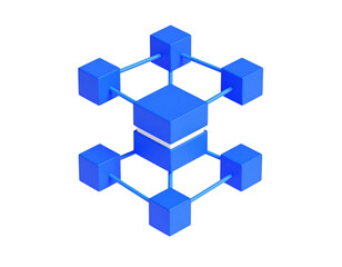 Big data , storage, blockchain icon. 3d cubes floating and connecting into big cube shape. 3d render illustration. PNG.