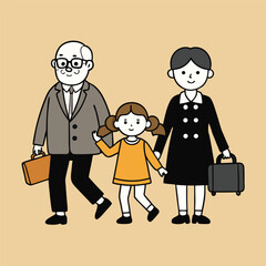 Illustration of a Three Generation Family Walking Together Featuring a Grandfather Mother and Granddaughter All Smiling and Carrying Briefcases on a Beige Background