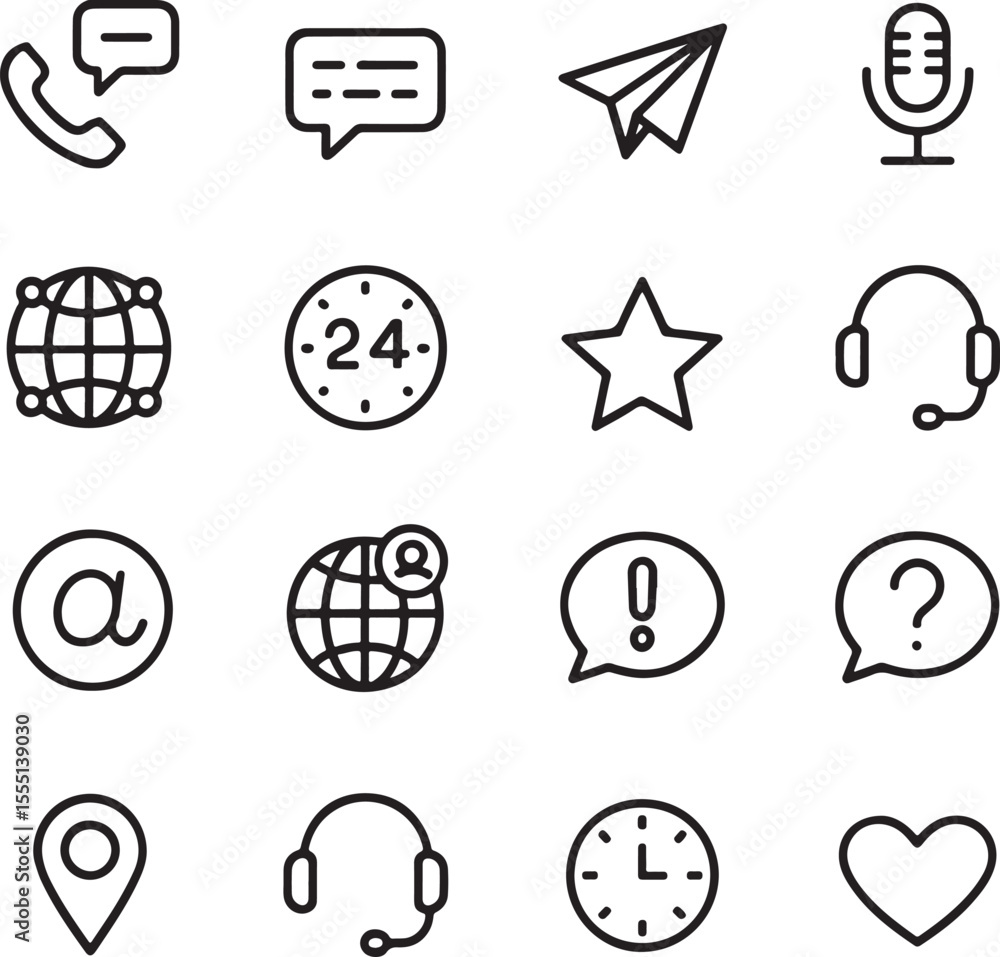 Poster assorted communication and information icons representing contact, networking, support, and global r