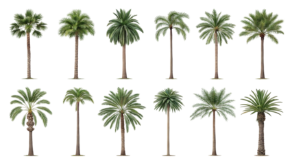 Collection of diverse palm trees with lush green foliage isolated on transparent background