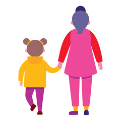 Stylized Illustration of Grandmother and Granddaughter Walking Together Holding Hands Depicting Family Connection Love and Generational Bond in a Flat Design with Bright Colors