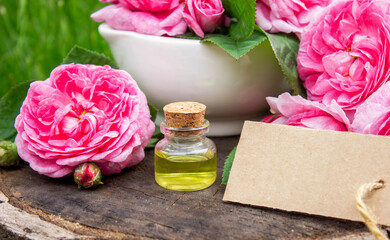 Rose essential oil in a bottle.essential oils.