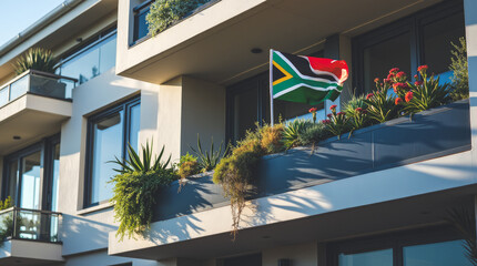 South African Flag on Cape Town Balcony with Succulents on Modern Building