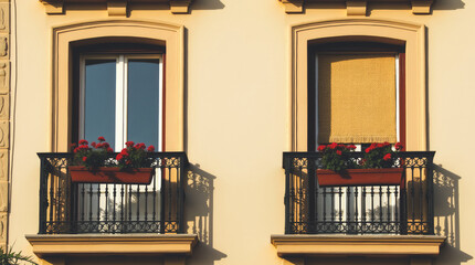 Seville Los Remedios Close-Up of Two Traditional Balconies on Mediterranean Building