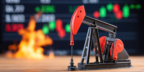 Oil pump jack model on wooden table with fire flame and stock market chart in background showing energy market impact on economy and investment trends