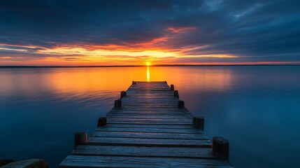 Colorful sunrise over calm ocean waters viewed from a wooden jetty