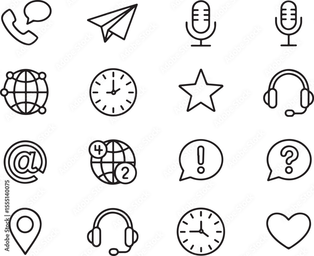 Aufkleber collection of communication and time related icons for website design and business usage featuring c