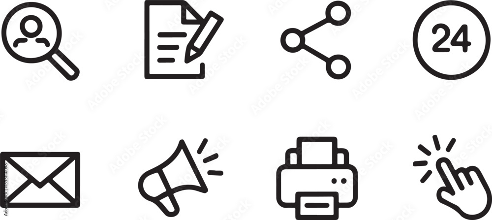Poster a collection of essential business icons representing key functions such as communication, support, 