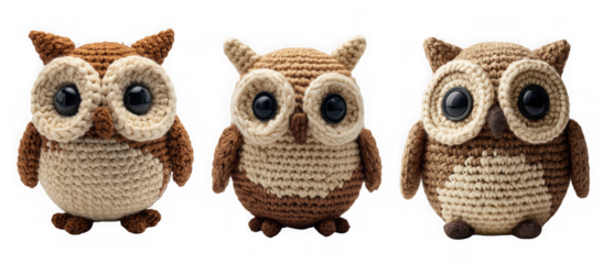 Three adorable crocheted owls, isolated on transparent background, showcasing their soft and charming features