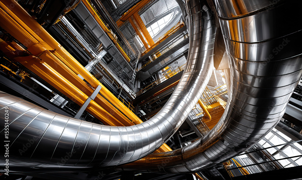 Poster industrial pipeline system with large curved metal pipes and yellow structural beams inside processi