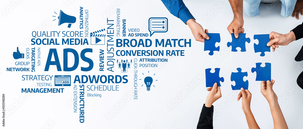 Aufkleber hands assembling blue puzzle pieces symbolize collaboration in advertising strategies, emphasizing s