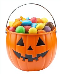 Halloween classic jack-o'-lantern bucket filled with colorful candies, isolated on a white background, in PNG format