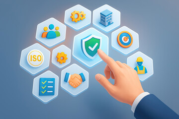 Quality assurance concept with hand pointing on shield icon, business, teamwork, checklist, and target symbols in hexagonal shapes on blue background