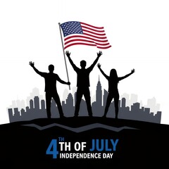 Celebrating Independence Day Silhouetted Figures Against City Skyline with American Flag