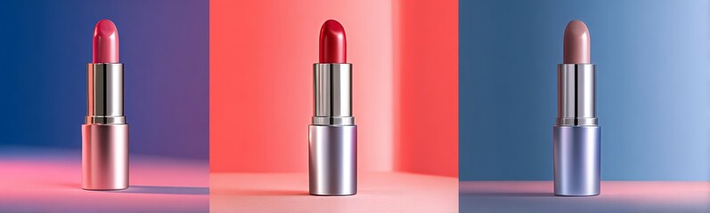Obraz premium Pink lipstick is standing on reflective surface with neon lights and case reflecting, creating a glamorous and modern beauty product presentation