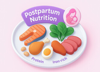 Postpartum nutrition concept with protein and iron rich foods on plate including salmon, chicken drumstick, egg, spinach, carrot, and meat slices for healthy recovery and breastfeeding support