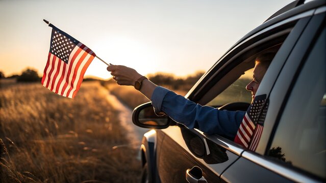 Person waving american flag from car window during sunset in a field