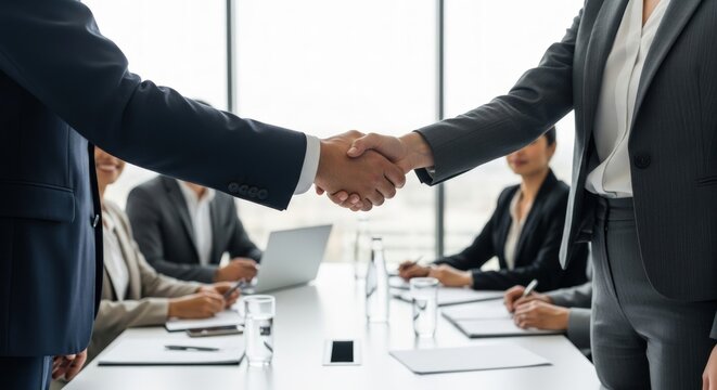 Business handshake with team in background at conference table meeting room - Powered by Adobe
