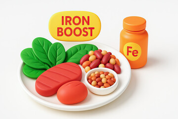 Iron boost concept with healthy food rich in iron including spinach, red meat, beans, and supplement bottle for nutrition support and wellness
