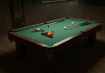 Photo of a billiard table with all items arranged 