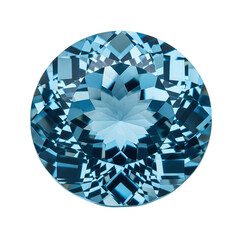 Faceted round blue topaz gemstone with brilliant sparkle on transparent background
