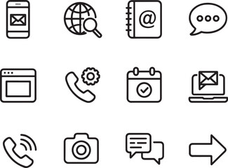 Collection of Business Icons Communication and Setting Symbols for Email, Calendar, Phone, Camera, Internet, and Website