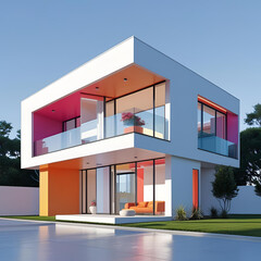 Modern architectural designs featuring red-roofed office buildings and urban houses with striking facades under a clear sky
