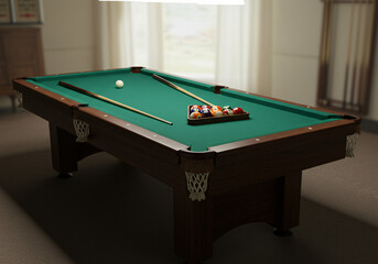 Photo of a billiard table with all items arranged 