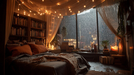Bedroom with fairy lights, books, and rain falling behind the curtains, cozy rainy apartment, photo style