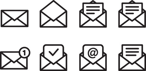 Collection of Email Icons Representing Inbox Status Open and Closed with Notifications and Confirmation Symbols in Black and White