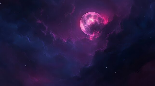 Pink moon shining brightly through dark clouds and stars at night.