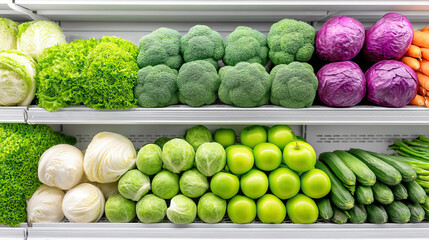 Fresh green vegetables and fruits including broccoli, lettuce, cabbage, and apples are displayed promoting anti inflammatory diet for longevity and healthy living