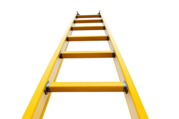 Yellow extension ladder leaning against a white background, illustrating a versatile tool for reaching heights during construction or maintenance tasks