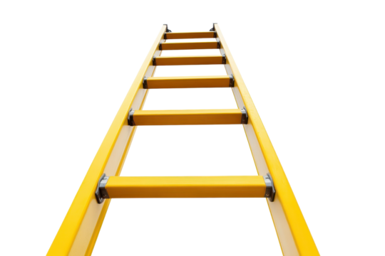 Yellow extension ladder leaning against a white background, illustrating a versatile tool for reaching heights during construction or maintenance tasks