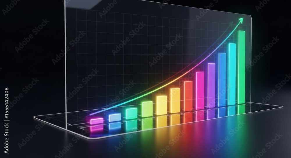 Poster a colorful bar graph with an upward trending arrow on a glass display