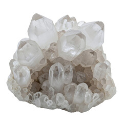 Raw quartz crystal cluster with pointed terminations on transparent background