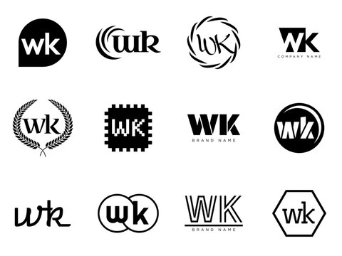 WK logo company template. Letter w and k logotype. Set different classic serif lettering and modern bold text with design elements. Initial font typography.