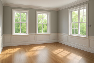 Bright room interior with windows and wood floor design idea