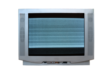 Old vintage TV set from 1980s, 1990s, 2000s with noise and interference on the screen isolated on white background.