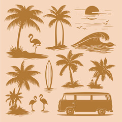 Vector set of ocean elements with palm trees, waves, surfboards, van, flamingos